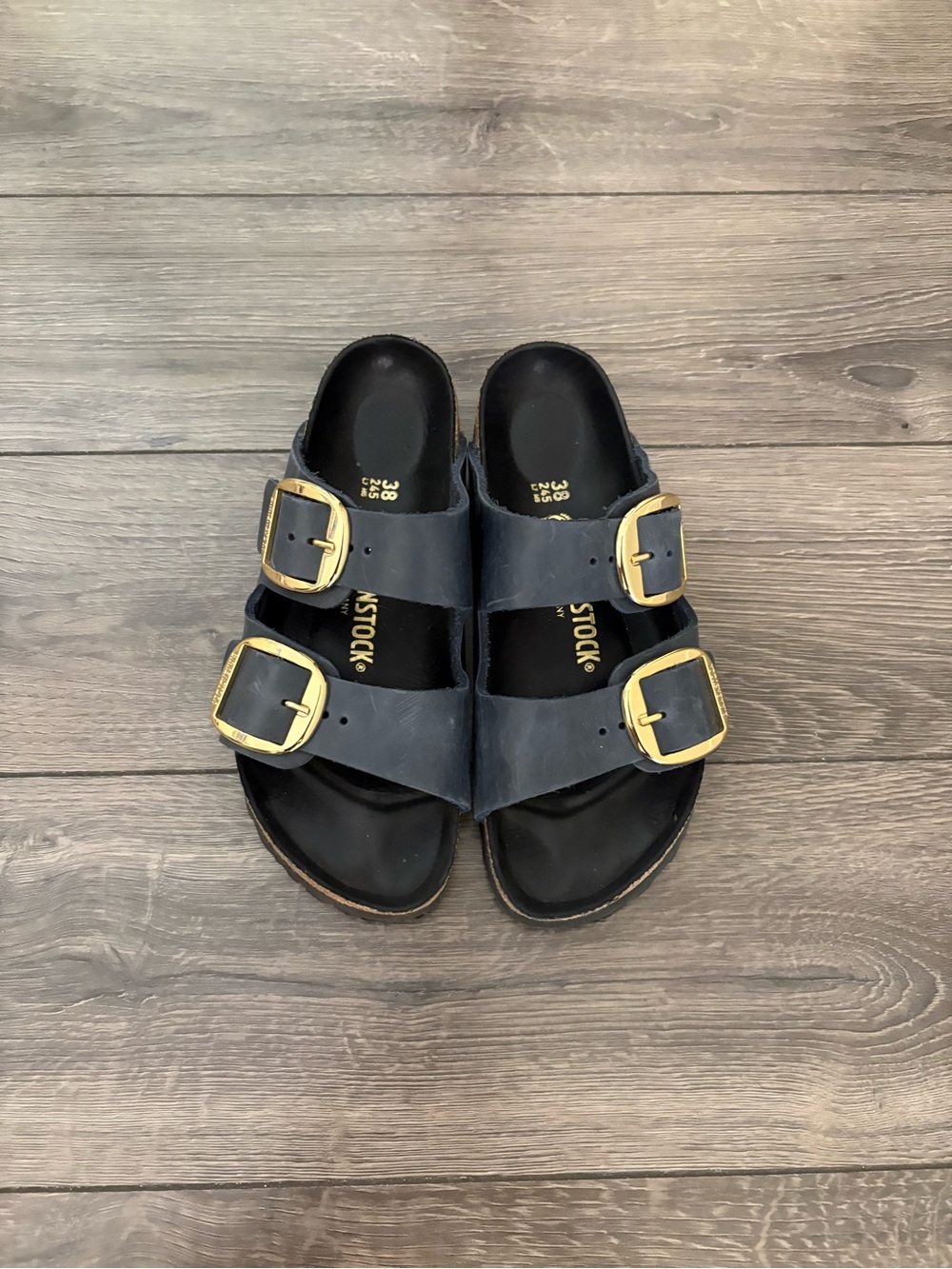 Birkenstock Arizona Women’s  dark blue Two-Strap Sandals with Gold Buckles